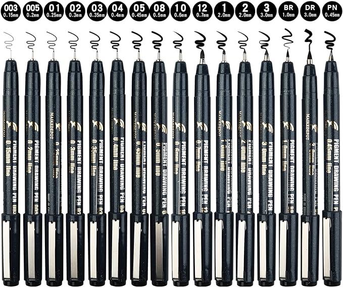 16 Pack Micro Fineliner Drawing Pens - Waterproof Black Ink, Assorted Tip Sizes for Sketching, Manga, Anime, Comic, Art Writing, Journaling & Architectural Design