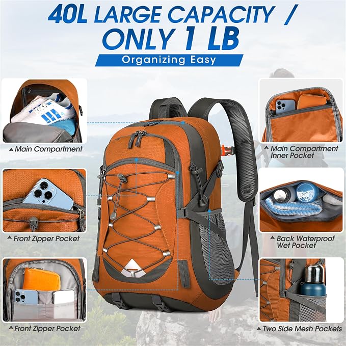 IGOLUMON Hiking Backpack 40L Packable Lightweight Camping Daypack Men Women | Multi-compartment storage Water-resistant Foldable Nylon Material Hiking Day pack for Camping Cycling Outdoor