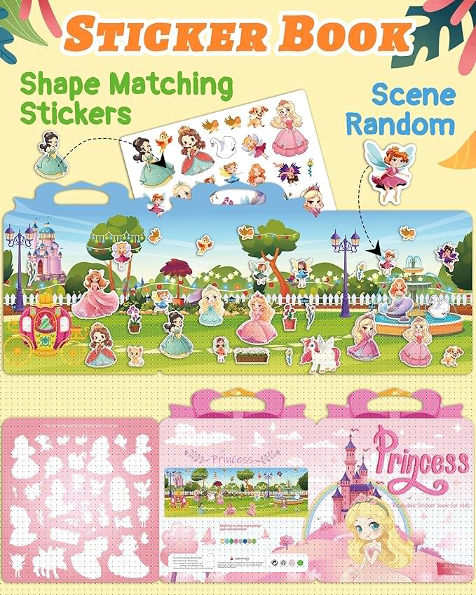Benresive Reusable Sticker Book for Toddlers, Travel Stickers for Kids, Toddler Crafts Activities Toys, Birthday Gifts for Boys & Girls - Princess