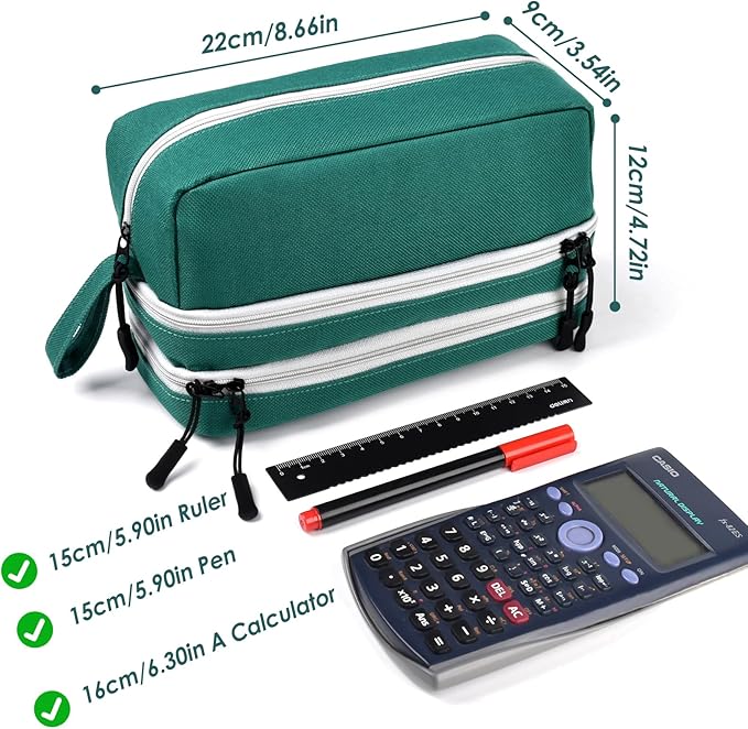 Large Capacity Pencil Case,Multifunction Pencil Pouch,Pencil Bags with Zipper 3 Compartments Pencil case organizer for or School Teen Girl Boy Men Women（Green）