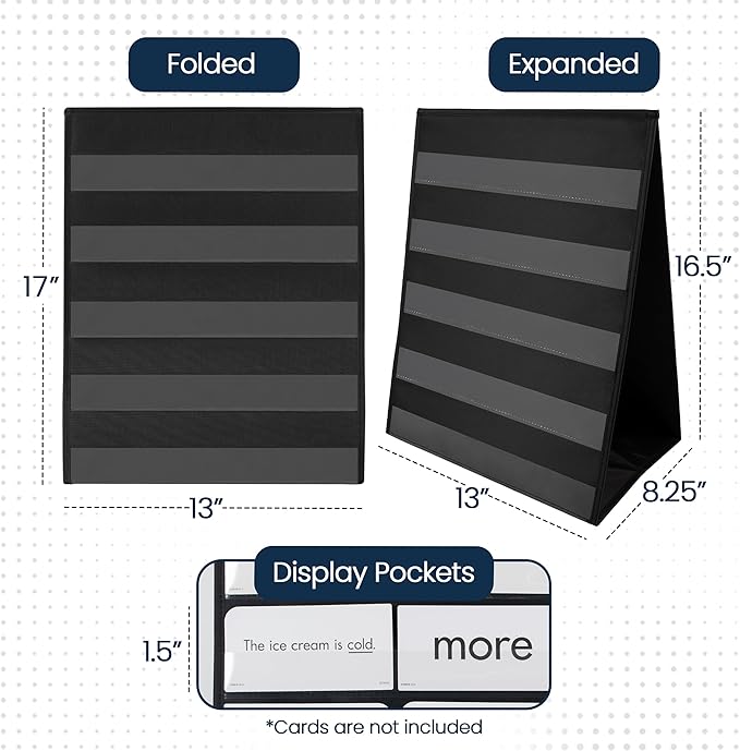Essex Wares – 1 Pack - 13" Wide x 17" Tall Tabletop Pocket Chart, Black - Double Sided with 5 Straps Each- Ultra-Durable Pocket Chart Stand for Classroom - Easy to Use, Reusable & Foldable
