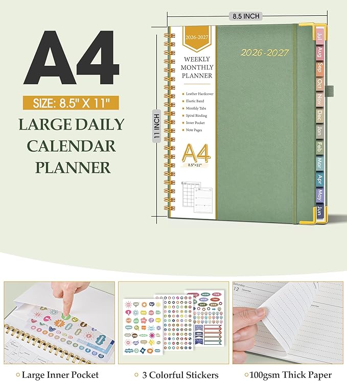 Academic Planner 2026-2027, Hardcover Leather Weekly and Monthly Calendar Planner from July 2026 - June 2027, A4 8.5" x 11" Daily Agenda with Tabs, College School Organizer for Student Teacher, Green