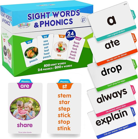 BenBen Sight Words & Phonics Flash Cards, 500 Sight Words & 24 Phonics, 800+ Words, Learn to Read Dolch & Fry High Frequency Site Words for Pre-k Kindergarten 1st 2nd 3rd Grade Kids Ages 3-9