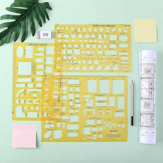 Mr. Pen- House Plan, 3 pcs, Interior Design and Furniture Templates, Clear Flexible Plastic, Drafting Tools, Ruler Shapes for Architecture, 1/4 Inch Scale, Kitchen, Bath, Bedroom, Office, Living Room