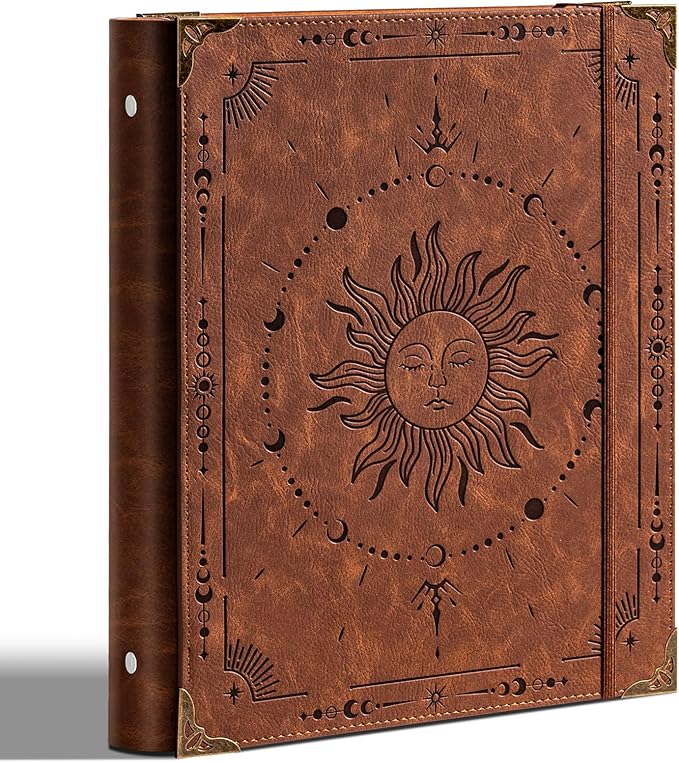 Ovesmusl PU Leather 3 Ring Binder Fits 8.5"x11" Letter Size Paper, 1.5 Inch Round Ring Binder Holds 350 Sheets, Notepad Paper Cover Loose Leaf Organizer, Brown Sun