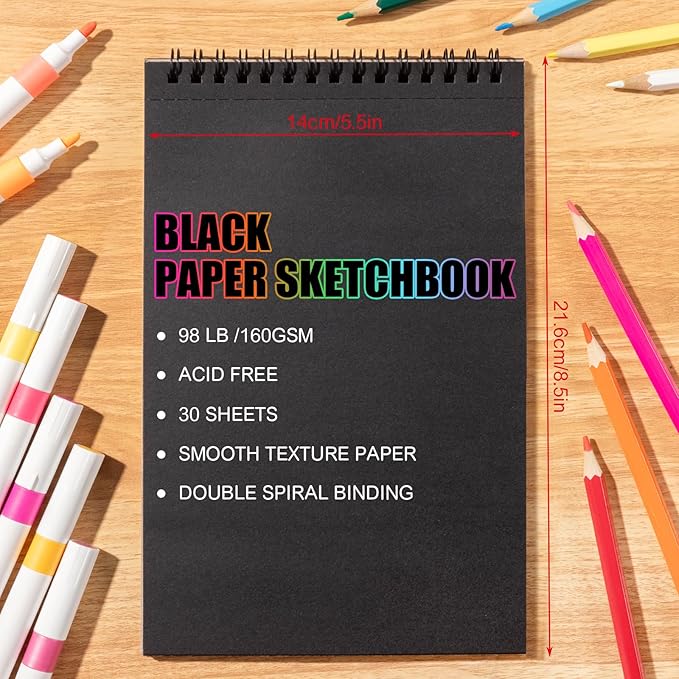 30 Sheets Black Paper Sketchbook, 98lb/160gsm Heavyweight Black Sketch Pad 5.5×8.5in, Acid-Free Drawing Paper, Spiral Bound Sketch Book for Kids, Teens, Artist