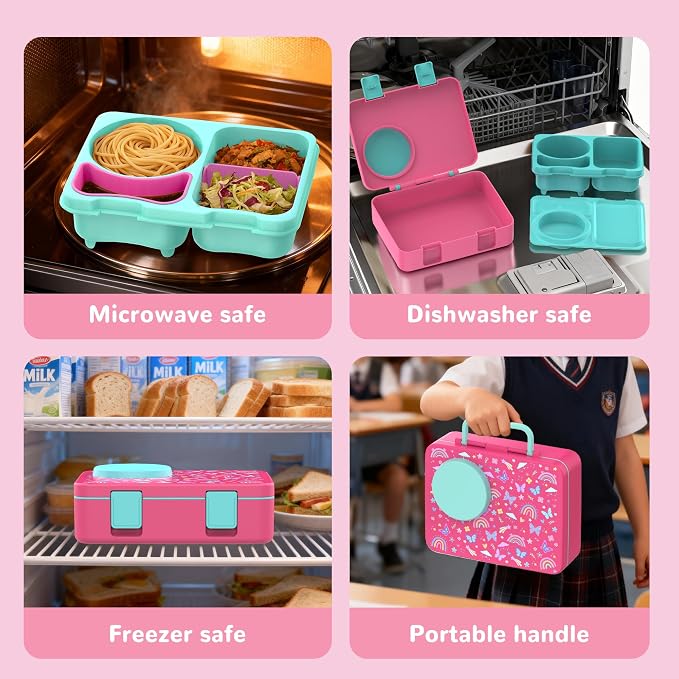 Kids Insulated Lunch Box with 8OZ Thermo Food Jar | Leakproof Bento Box with Ice Pack Sauce Cup Utensils Removable Tray & Dividers for School Daycare Travel, Rainbow Butterflies