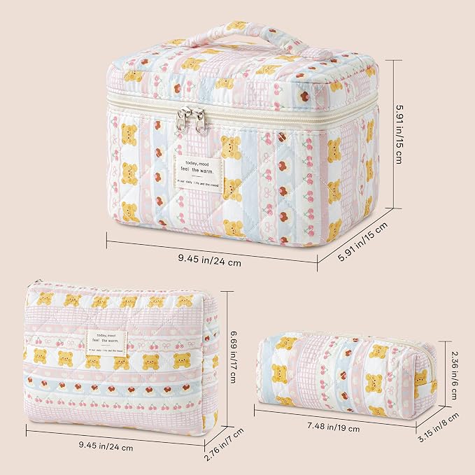 HBselect Quilted Makeup Bag, 3Pcs Cotton Large Travel Makeup Bags Organizer | Cute Floral Make up Bag Cosmetic Bag Toiletry Bag for Women Girls, Makeup Pouch for Skincare, Brushes & Travel Essentials