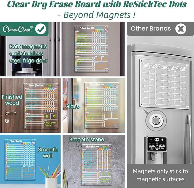 Clear Non-Magnetic Dry Erase Chore Chart - 11.5"x8.5" Behavior Responsibility Chore Board for Teenagers, Adults and Family - Sticks to Wall, Glass, Door, Any Smooth Surfaces