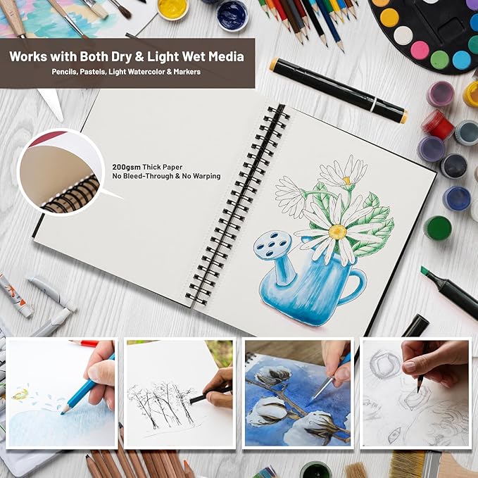 KAKKUE 8.5" x 11" Hardcover Sketchbook, 200gsm/80 Sheets Professional Thick Drawing Paper, Spiral Bound Pad, Acid-Free Perforated for Mixed Media, Sketching & Illustration, for Artists & Kids