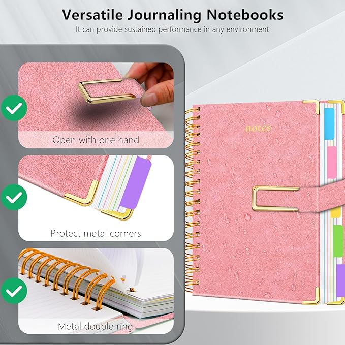 Hardcover Spiral Notebook College Ruled, 6.2"x 8.2" Leather Journal Notebook with Magnetic Closure, 300 Pages 5 Subject Notebook with Dividers Tabs Journal for Women Men, Work, School(Pink)