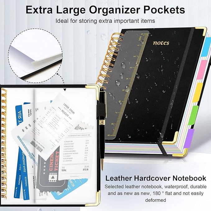 Hardcover Spiral Notebook 8"x10" Journal Notebook with Tabs and Removable Dividers 300 Pages 5 Subject Notebook College Ruled, Faux Leather Spiral Bound Notebook for Women School Work (Black)