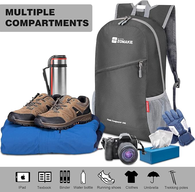 ZOMAKE Lightweight Packable Backpack 20L, Foldable Small Daypack for Hiking | Water Resistant Backpacks Day Bag for Travel Outdoor Camping Sport, Everyday Carry, Multi Compartment Storage(Medium Grey)