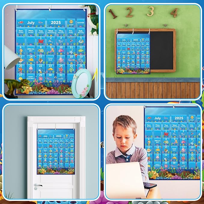 Weysat Classroom Calendar Pocket Chart Set Calendar Bulletin Board with Pocket Bulletin Board Season Festival Weather Date Chart for Preschool Elementary School Teacher Supplies(128 Pcs,Sea Animals)