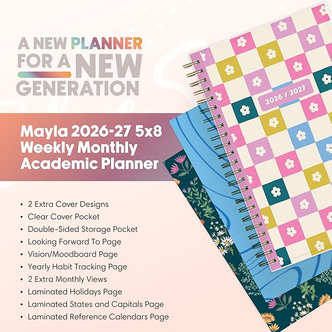 Blue Sky Gen Z 2026-2027 Weekly and Monthly Academic Year Planner Calendar, July 2026 - June 2027, 5" x 8", Flexible Interchangeable Cover, Wirebound, Laminated Tabs, Storage Pocket, Mayla