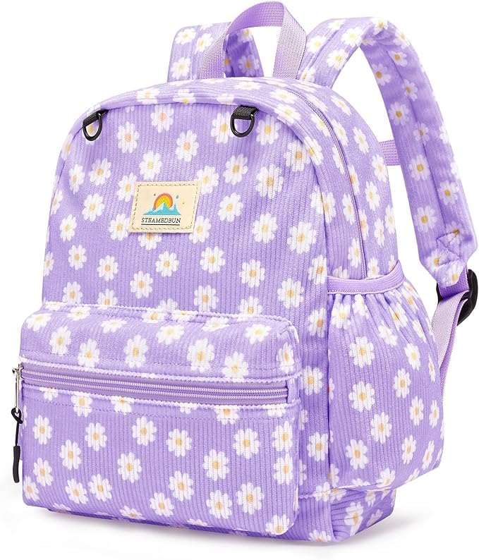 STEAMEDBUN Corduroy Toddler Backpack for Girls 2-4: Kids backpack for Boys Girls - 12 inch Preschool Kindergarten Backpacks - Purple Daisy