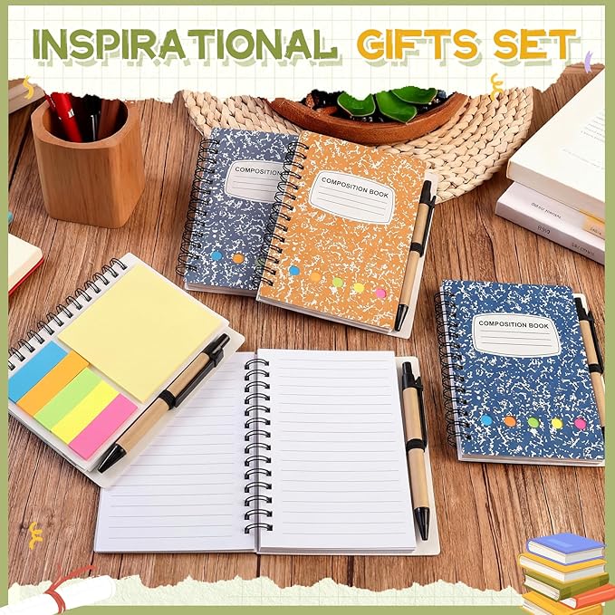 Dunzoom 24 Sets Spiral Notebook Bulk, Steno Pads Lined Notepad with Pen, Sticky Notes Colored Index Tabs, 5.2" x 4.1" Pocket Notebook for Home Business Office Supplies, 60 Sheets (Macaron)