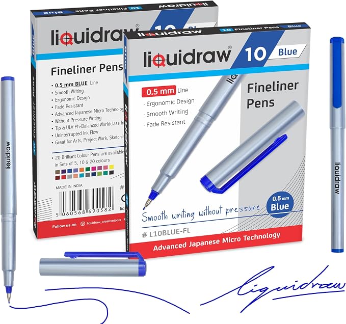Liquidraw Blue Colored Fineliner Pens, Fine 0.5mm Tip, Set of 10