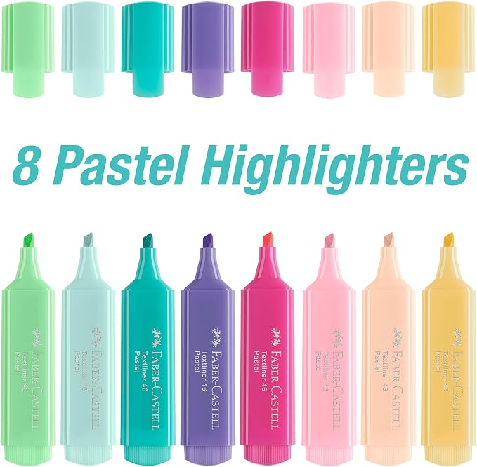 Faber-Castell Pastel Highlighters Set - 8 Chisel Tip Fluorescent Pen | Back to School Supplies - Aesthetic School Supplies and Bible Highlighters, No Bleed Markers