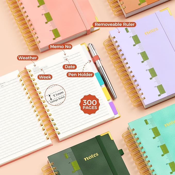 XYark A5 Hardcover Spiral Notebook, 6.3"x8.5" College Ruled Notebooks with Removable Divider Tab & Ruler, 5 Subject Notebook 300 Pages, Small Lined Journal for Women School Work Office, Light Purple