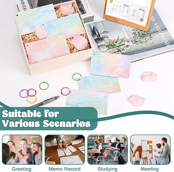 500 PCS Colored Index Cards with Hole Lined Flash Cards with Binder Rings Watercolor Notecards with Rings 3x5 Study Cards Flashcards for Home School Office Supplies