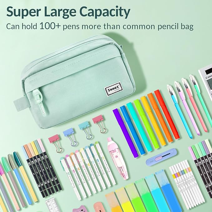 Sooez Original High Capacity Pencil Case, Big Pencil Bag Pouch Box Organizer Pen Case, Aesthetic Supply for Girls Adults, Portable Journaling Supplies with Easy Grip Handle & Loop, Mint Green