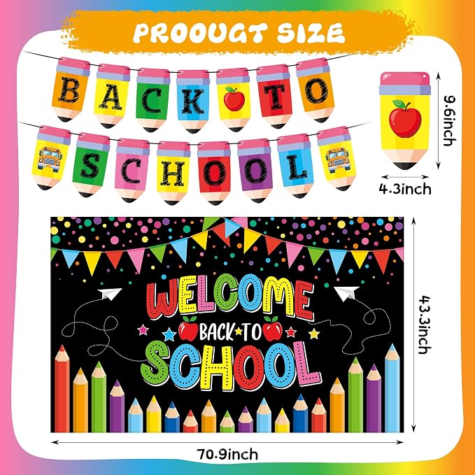 Joy Bang Back to School Decorations, Back to School Banner with Hanging Swirls Apple School Bus Pencil Balloons Welcome Back to School Photo Backdrop First Day of School Decorations Classroom Decor