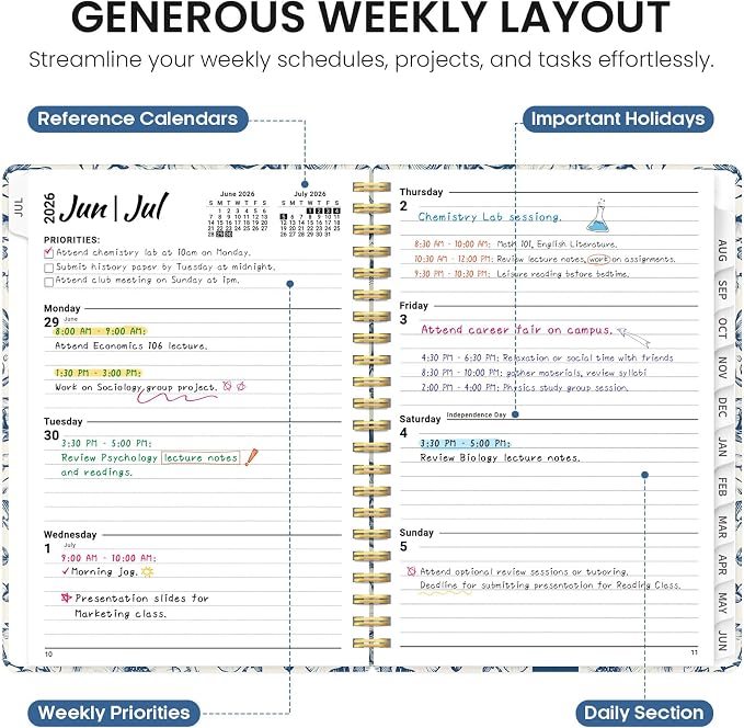 Planner 2026–2027, Weekly & Monthly Academic Organizer for School Year, Jul 2026–Jun 2027, Hardcover Planner with Tabs, Back to School Essential, 8.5" x 11", Porcelain Bloom