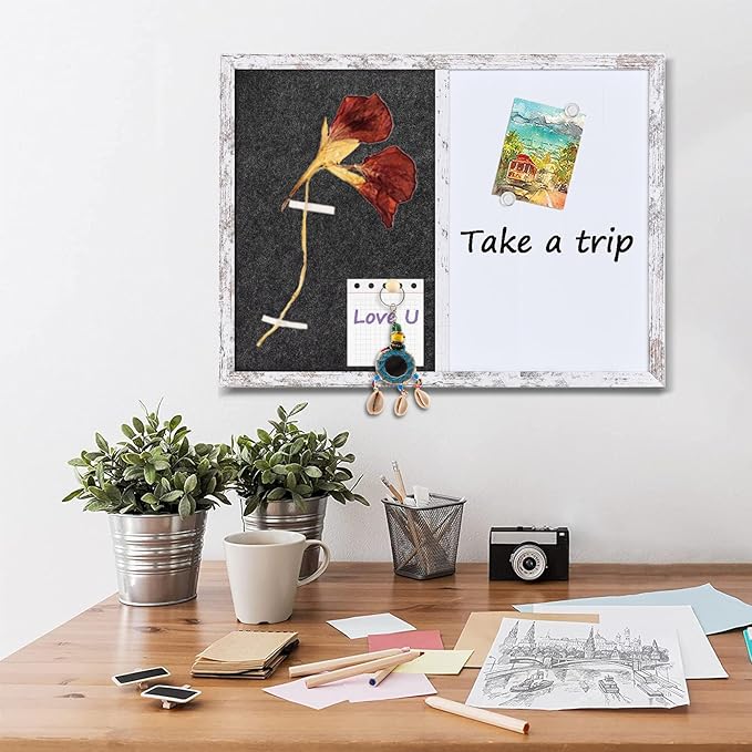 Whiteboard Bulletin Board Dark Gary Felt Board Combo for Office School Kitchen Bedroom, White Wood Frame,17.7"*23.6",Whiteboard+BK-4560WH