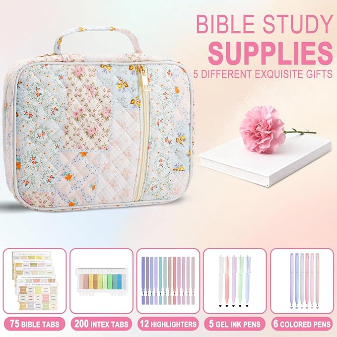 Bible Cover Case Study Supplies for Women Gifts Large Bible Cover with Highlighters Pens Tabs Cute Quilted Carrying Case Christian Journal Kit Accessories Christian Gifts Sticky Notes A
