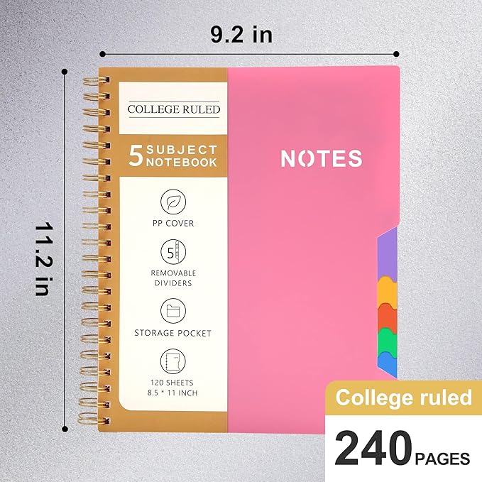 CAGIE 2 Pack 5 Subject Notebook College Ruled 8.5 x 11 Notebooks for Work School Note Taking with Removable Dividers & Pocket Hardcover Spiral Lined Journal Notebook, School Supplies, Pink