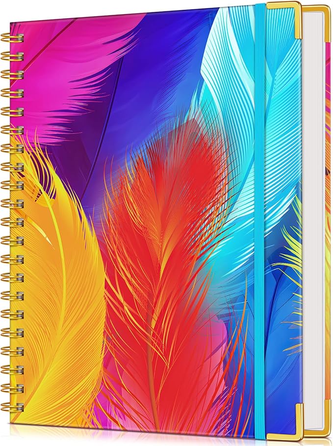 Lined Spiral Notebook Journal for Women, 150 Pages Cute Notebooks 5.75” x 8.38”, A5 Hardcover Spiral Journals with 100 GSM Thick Paper, College Ruled Notebook for Writing Work School, Colorful Feather