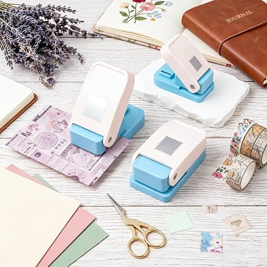 3 Pcs Stamp Punch, 1x0.8inch/0.6x0.5inch Mini Rectangle Postage Stamps Punches, 1x1inch Square Stamps Hole Punch, Stamp Cutter Hole Puncher, Paper Punches for Crafting DIY Scrapbooking Journaling