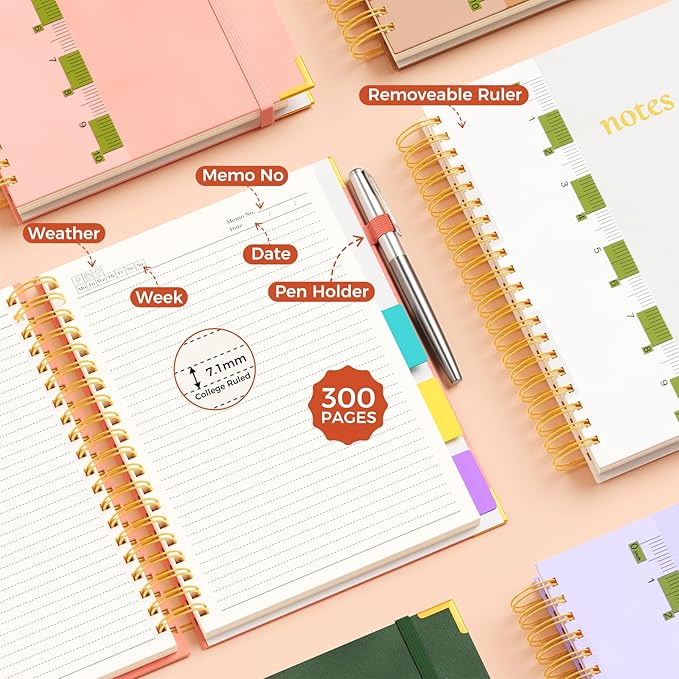 XYark A4 Hardcover Spiral Notebook, 8.5"x11" College Ruled Notebooks with Removable Dividers Tabs & Ruler, 5 Subject Notebook 300 Pages, Large Lined Journal for Women Men School Work Office, White