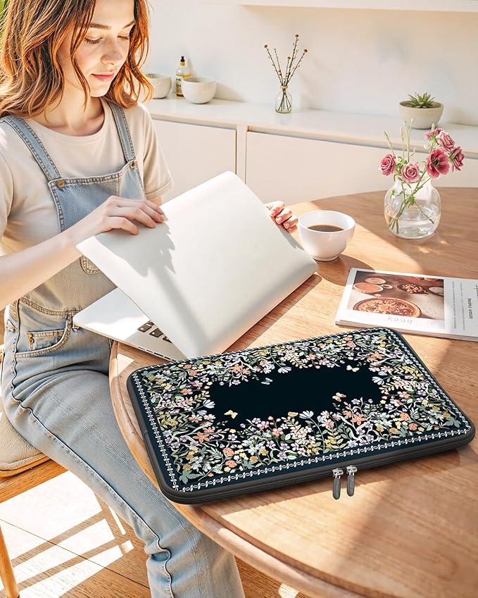 iCasso Laptop Sleeves 13 inch,Retro Laptop Carrying Case Black,13-13.6 inch Computer Sleeve Bag Compatible with MacBook Neo/Air/Pro 13-14 Sleeve, HP Dell ASUS Lenovo Chromebook Notebook,Flowers
