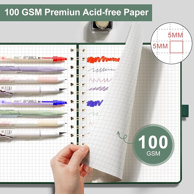 EMSHOI Graph Notebook Spiral Notebook, 140 Pages, B5 Large 7.48"x10.15", 100 GSM Thick Paper, PU Leather Hardcover, 5mm Grid Notebook for Work School Math Engineering Writing Graphing, Dark Green