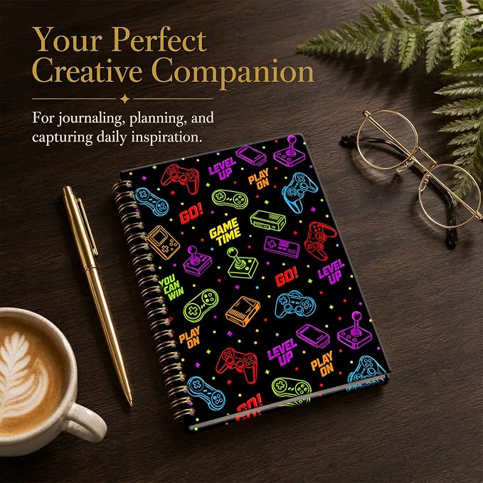 ATJFKIXL Cute Spiral Journal Notebook, A5 120 Page College Ruled Wirebound Notebook, Soft Cover for Students Office Notes and Planning - Black Gamer Icons