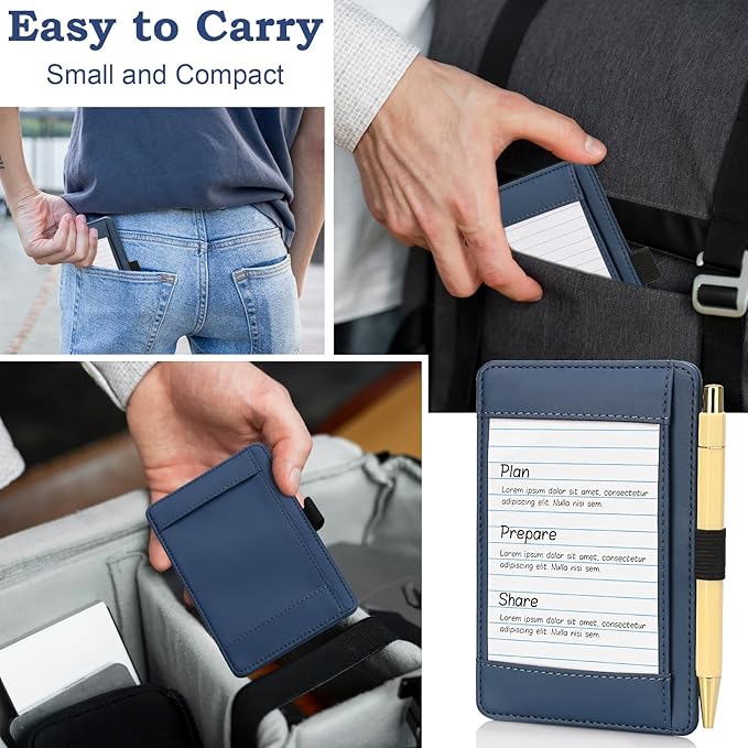 Index Card Holder 3 x 5 PU Index Card Wallet Portable Pocket Notepad Holder with 25 Lined Sheets Mini Note Card Holder Writing Case with Card Slot Note Card Case for Record Sports No Pen (Blue)