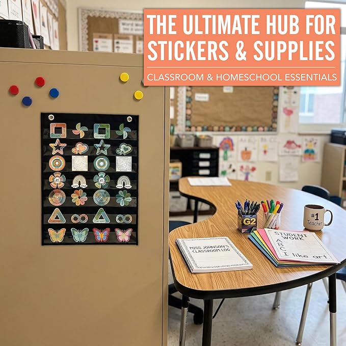 Magnetic Pocket Chart for Classroom - Small 7 Pocket Chart for Word Wall Daily Schedule Sentence Strips Sticker Display, Black Teacher Supplies for Preschool Elementary & Home