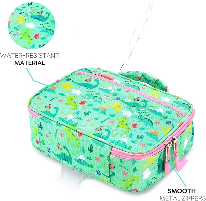 mibasies Kids Lunch Box for Girls Toddler, Insulated and Reusable Lunch Bag for School, Light Green Dinosaur Forset
