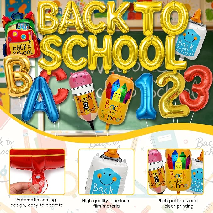 Back to School Balloons, Back to School Decorations Letter Balloons Banner | Back to School Balloon with ABC 123 Pencil Backpack Crayon School Theme Decor for Classroom,Kindergarten,First Day of School