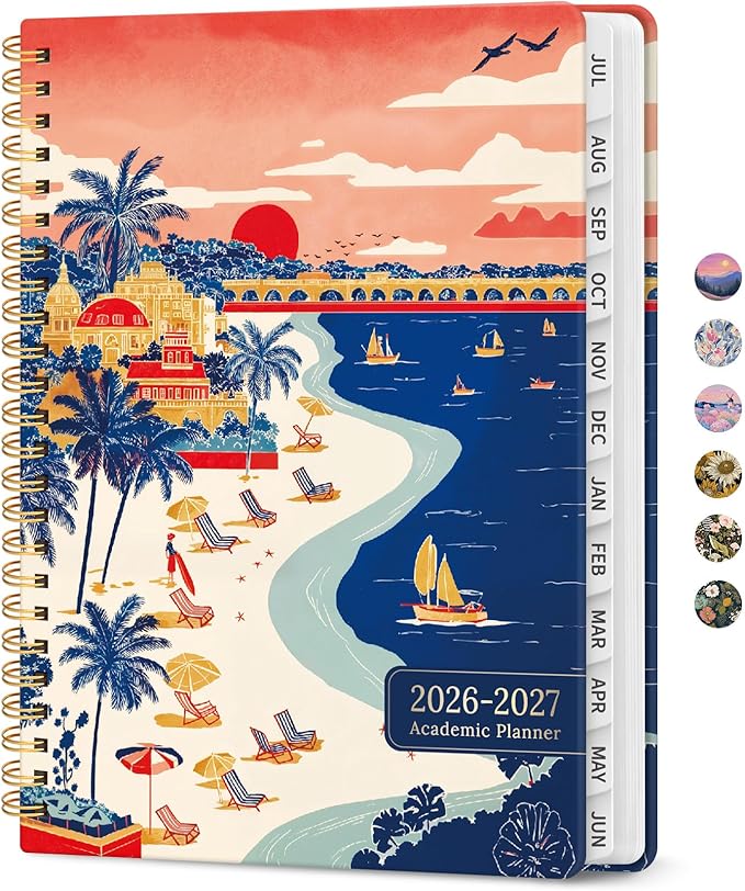 Planner 2026–2027, Academic Monthly Weekly Spiral Calendar, July 2026 – June 2027, Hardcover Agenda Notebook with Tabs, 6.3" x 8.5", Perfect for Students, Teachers, School & Daily Planning - Coastal Sunset