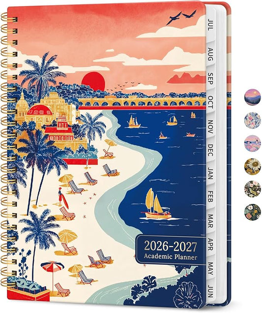 Planner 2026–2027, Academic Monthly Weekly Spiral Calendar, July 2026 – June 2027, Hardcover Agenda Notebook with Tabs, 6.3" x 8.5", Perfect for Students, Teachers, School & Daily Planning - Coastal Sunset