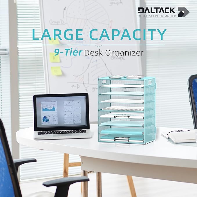 DALTACK 9-Tier Paper Organizer for Desk, Mesh Letter Tray Desk Organizer with Handles, Space-Saving File Organizer for Office Home School, Blue