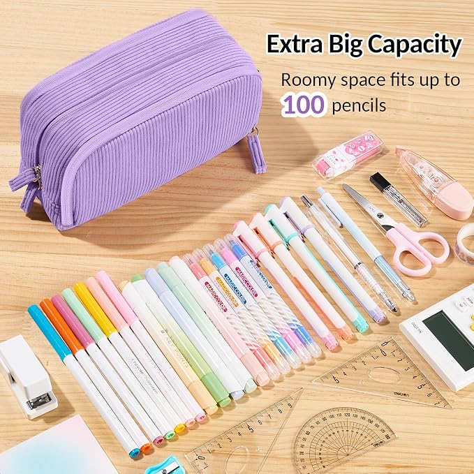 Sooez Big Capacity Pencil Case Pen Pouch, Soft Corduroy Pencil Bag | with 3 Compartment, Multiple Pockets, Sturdy Zipper, Cute School Supplies Pen Bag Organizer For Teen Girls College, Purple