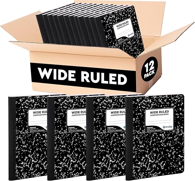Emraw Black & White Marble Style Cover Composition Book with 100 Sheets of Wide Ruled White Paper (12 Pack)