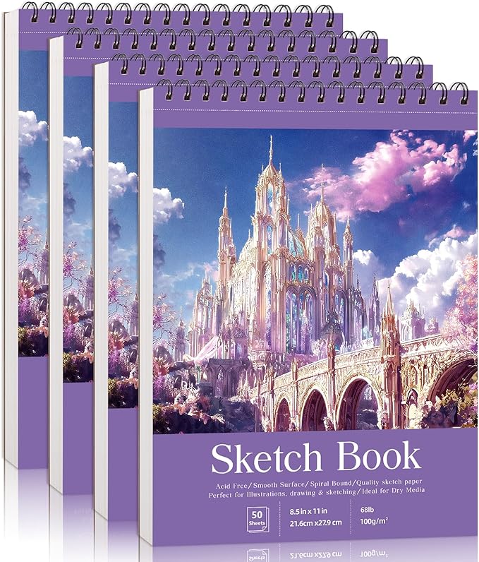 Prudiut Sketch Book 4 Pack 8.5x11 Inch Violet Spiral Bound Sketch Pad for Woman - 50 Sheets Acid Free Paper Sketchbooks for Drawing Artists Beginners Dry Media Portable Tear Line Art Supplies