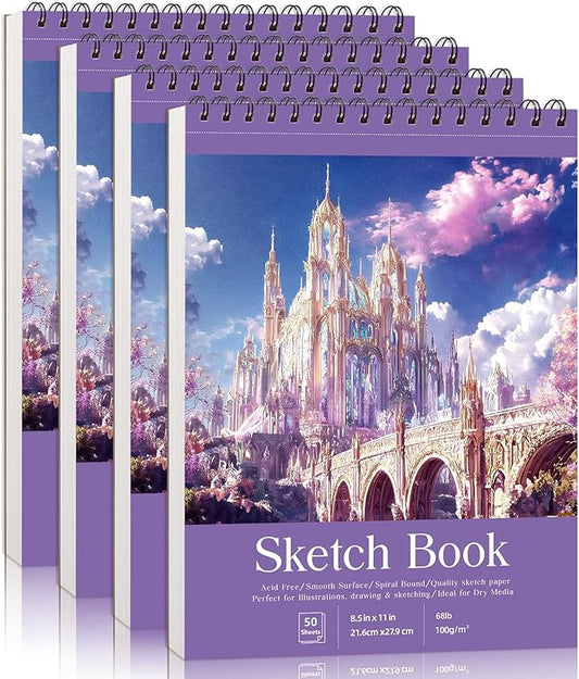 Prudiut Sketch Book 4 Pack 8.5x11 Inch Violet Spiral Bound Sketch Pad for Woman - 50 Sheets Acid Free Paper Sketchbooks for Drawing Artists Beginners Dry Media Portable Tear Line Art Supplies