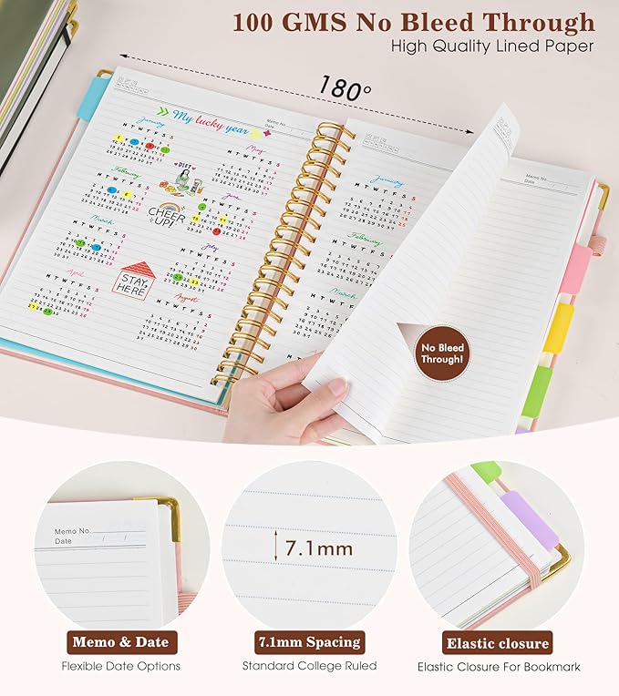 Hardcover Large Spiral Notebook 8.5" x 11" with Removable Dividers Tabs, 300 pages Leather 5 Subject Notebook College Ruled, A4 Journal for Women Men, Notebooks for Work School Note taking, Pink