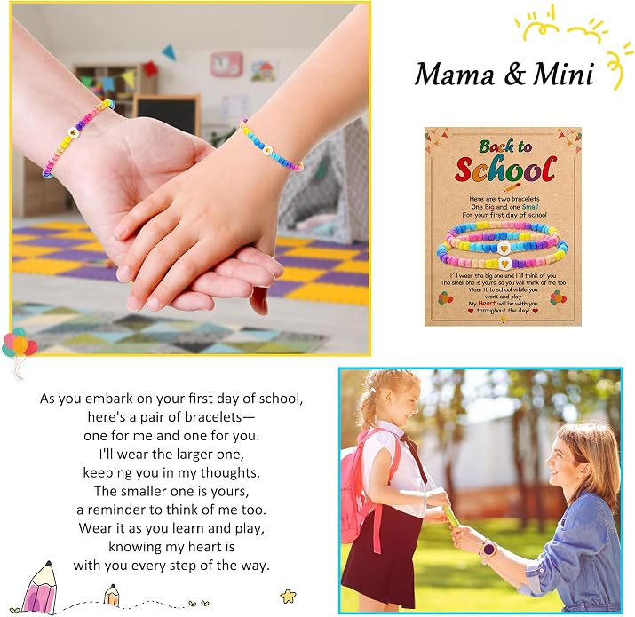 BAYLAY Back to School Bracelet - First Day of School Preschool/Kindergarten/1st Grade/2nd Grade/Back to School Stuff Gifts Supplies Mommy and Me Mommy Daughter Bracelets Heart Beaded Bracelets Gifts